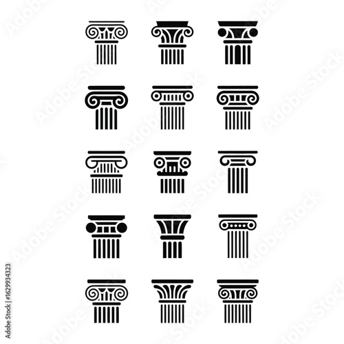Collection of classical architectural column capitals and shafts in silhouette
