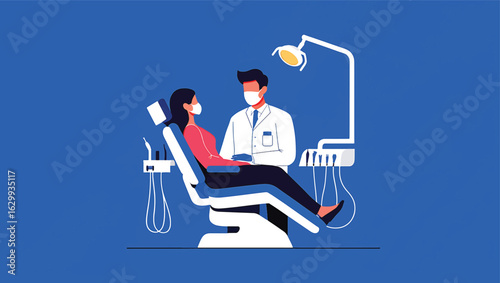 Dentist and patient in a modern clinic during a dental examination. Vector illustration.