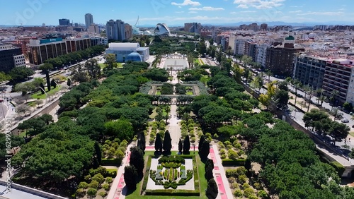 Turia Gardens In Valencia Spain. Bird Eye View Of Stunning Iconic Recreational Park Of The City. Business Sky Downtown Cityscape. Business Backgrounds Panorama. Valencia Spain.