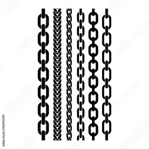 Collection of diverse chain links and patterns on a white background