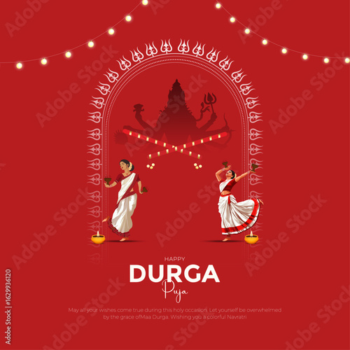 Happy Durga Puja Indian God shri Druga, Subh Navratri red background. vector illustration of women Navratri design