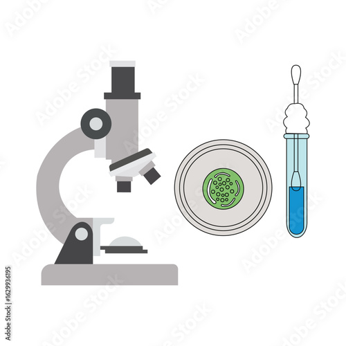 Microscope and lab tools icon, Flat vector illustration of microscope with petri dish and test tube for science and medical research themes

