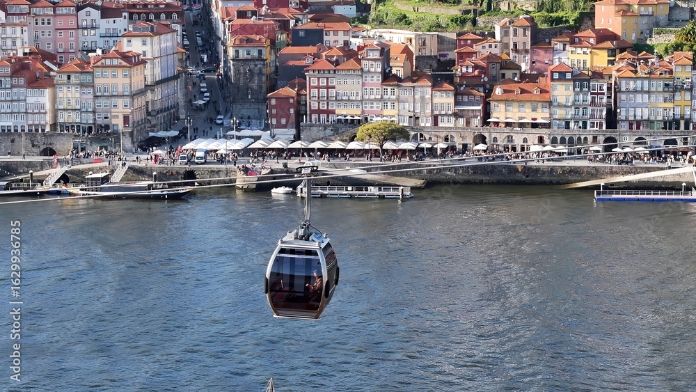 Obraz premium Cable Car In Porto Portugal. Amazing Landscape Of Aerial Cable Car Viewed From Above. Business Sky Downtown Cityscape. Business Backgrounds Panorama. Porto Portugal.