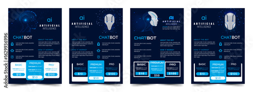 Artificial intelligence and machine learning. Bots and chatbots. An artificial assistant robot. Poster, brochure, flyer. Collection of templates on a dark blue background