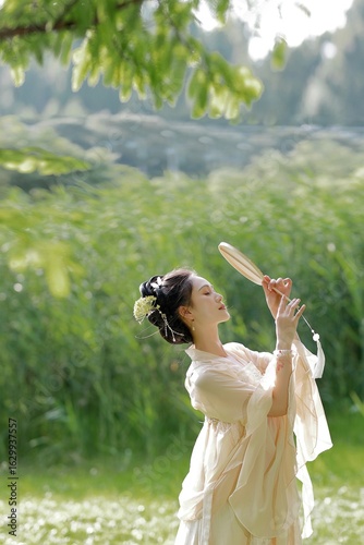 Young Asian woman with a fan in a serene green setting.