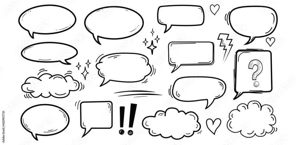 Obraz premium Speech bubble doodle set, Hand drawn vector collection of cartoon style speech balloons clouds and symbols for comic and message design