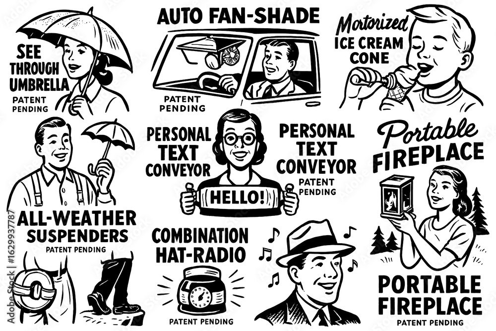 Fototapeta premium Retro comic of quirky futuristic inventions and gadgets, Transparent Background