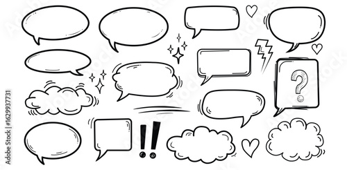 Speech bubble doodle set, Hand drawn vector collection of cartoon style speech balloons clouds and symbols for comic and message design


