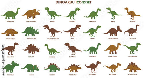 A collection of dinosaur icons, featuring various species in silhouette style, displayed in a grid pattern.