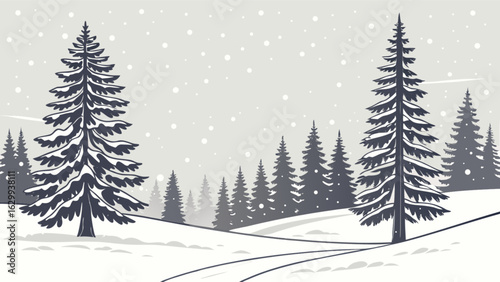 Winter landscape with snow covered trees, forest scene, nature illustration, vintage style, rustic and country, peaceful and serene, tranquil and calm