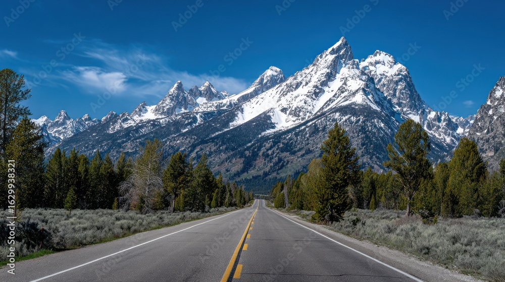 Fototapeta premium A straight asphalt road leading to snow-capped, jagged peaks under a brilliant blue sky