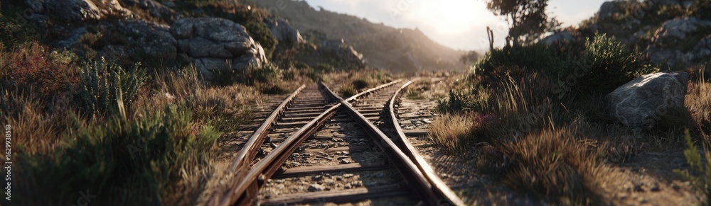 Fototapeta premium Rustic railroad tracks diverge through a sun-drenched mountainside