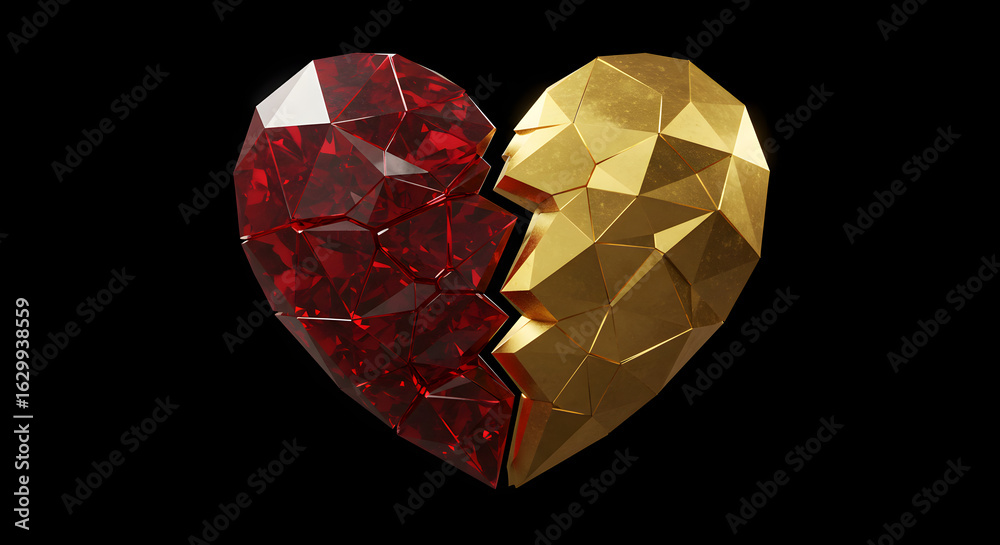 Fototapeta premium A Broken Heart: A Gold and Ruby Gemstone Heart Fractured Into Two