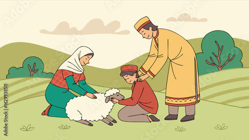 A muslim family is celebrating eid aladha by sacrificing a sheep, they are praying together in a field, it is a traditional islamic holiday of sacrifice