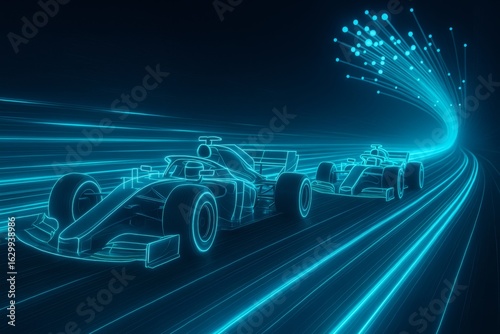 High-speed neon race cars in fiber optic light tunnel