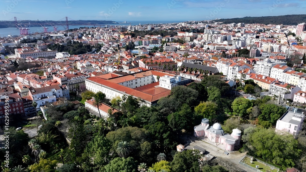 Fototapeta premium Botanical Garden In Lisbon Portugal. Drone Captures A Garden With Sidewalks Surrounded By Lush Trees. Business Sky Background Downtown Cityscape. Outdoor Downtown Panning Wide. Lisbon Portugal.