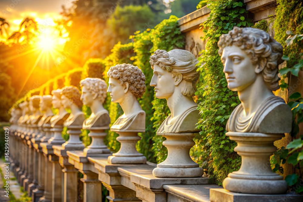 Fototapeta premium Row of ancient roman marble busts in a garden setting at sunrise, bathed in warm golden light