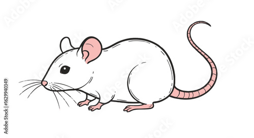 Detailed vector illustration of a small white laboratory mouse. A cute rodent with pink ears and tail isolated on a clean background.