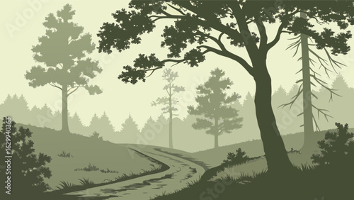 Serene forest landscape with a winding road through the trees, shrouded in fog and mist, creating a tranquil and peaceful scene