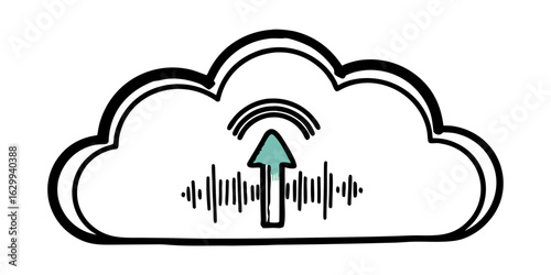 A cloud with an arrow pointing upwards and sound waves emanating from it in a black and white design on transparent background
