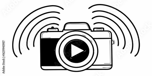 Camera recording video content with sound waves illustration for stock photography and videography needs on transparent background