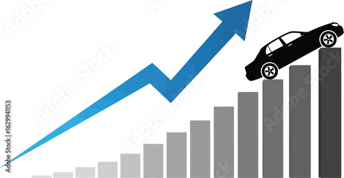 Car on graph showing upward trend isolated on white background