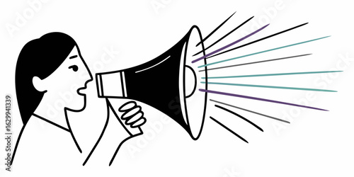 Woman with megaphone promoting voice and message for marketing and communication campaign concept vector on transparent background