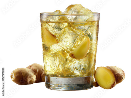 Refreshing Ginger Ale Drink with Ice Cubes and Fresh Ginger Root Slices