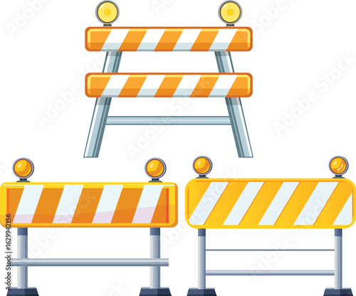Road construction barriers with warning lights set for traffic safety