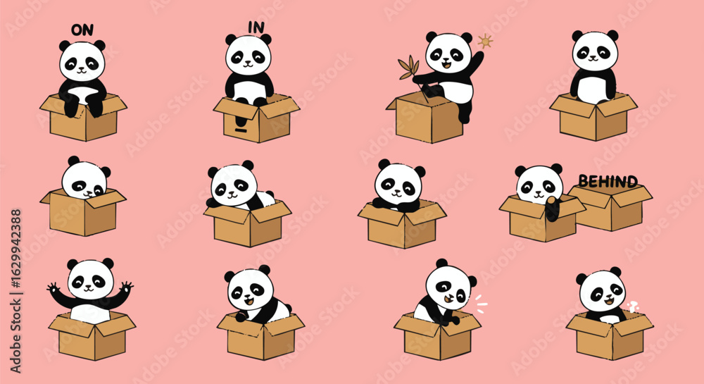 A charming collection of cute panda bear illustrations showing various positions and movements in a cardboard box.