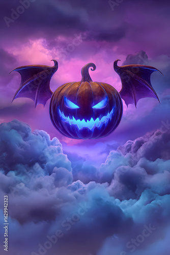 Spooky pumpkin with bat wings hovers among dark clouds in a twilight sky during Halloween festivities