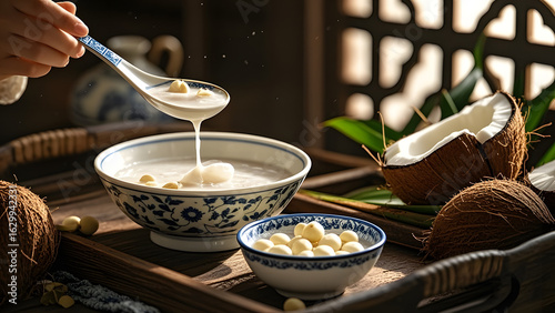 Hands serving soup in a traditional bowl with coconut