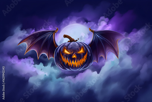 Spooky pumpkin with bat wings flying through a mystical night sky filled with dark clouds and a glowing moon