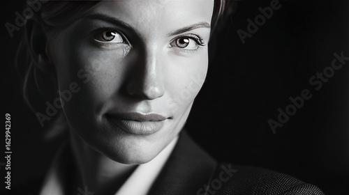 Confident business woman in a tailored suit, professionally portraited under minimal high-contrast lighting, with sharp facial features and cinematic chiaroscuro effects.