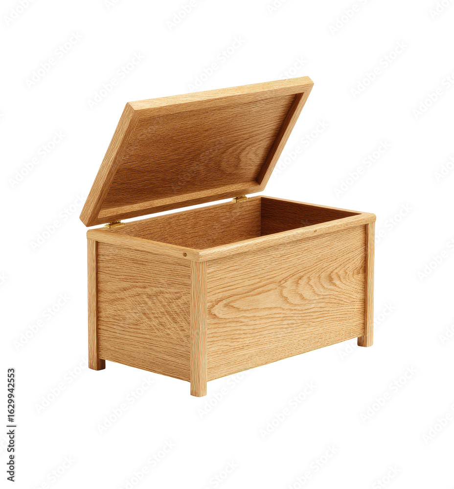 Light-colored wooden chest with open lid Light-colored wooden chest with open lid