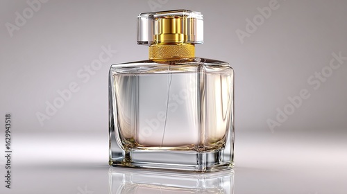 A square glass perfume bottle with a gold cap sits on a reflective surface against a neutral background; the bottle is partially filled with a light-colored liquid