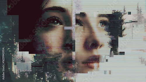 A digital photo album where half the images are missing or corrupted, surreal composition, glitch art meets melancholy, fading pixels and broken edges, 