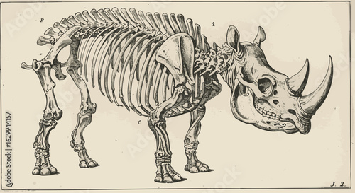 Rhinoceros skeleton anatomical illustration. Detailed vintage scientific drawing of a rhino's bone structure from a zoological study.