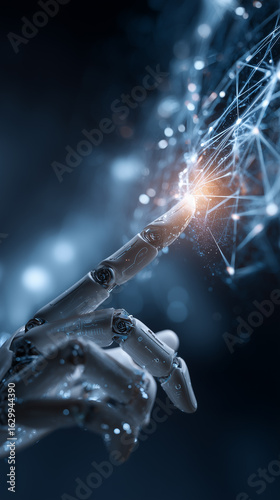  robot hand and glowing web icons around, futuristic connection, ai and humanity concept
