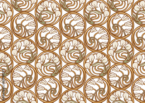 Decorative flowers and leaves in art nouveau style, vintage, old, retro style. Seamless pattern, background. Vector illustration. In art nouveau style, vintage, old, retro style.