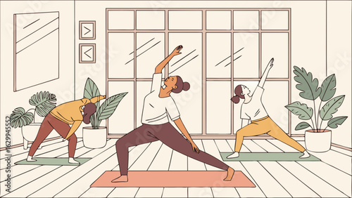 Yoga class at home illustration for wellness and fitness with poses and plants in a bright and airy room
