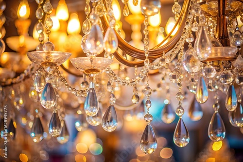 Closeup of a luxurious crystal chandelier with many sparkling glass pendants illuminated by warm light