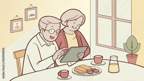 Senior couple using tablet technology at home for online shopping and connecting with family members online