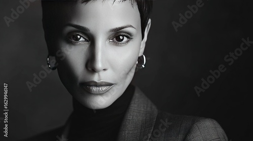 Confident business woman in a tailored suit, professionally portraited under minimal high-contrast lighting, with sharp facial features and cinematic chiaroscuro effects.