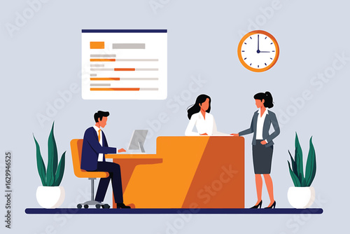 Vector illustration of a professional office environment with employees at a reception desk