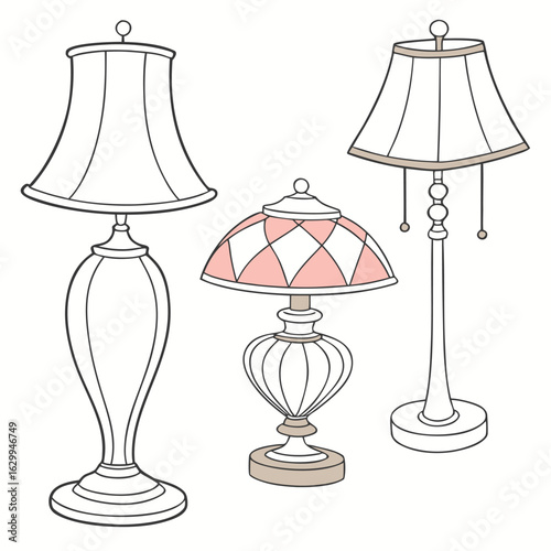Three vintage style table lamps with different designs and shades. Vector