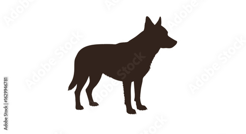 A dark brown silhouette of a standing dog. Simple vector graphic of a canine profile, isolated on a white background for design.