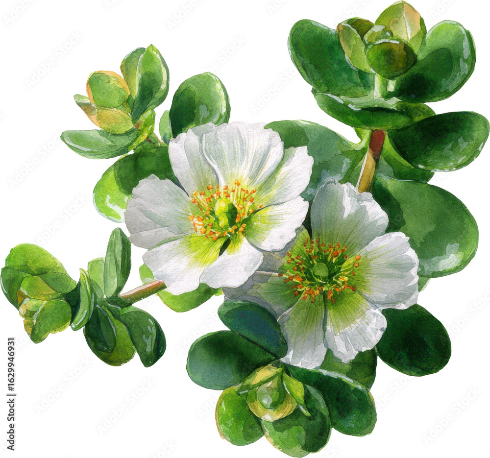 Obraz premium Delicate white flowers with green leaves isolated on transparent background