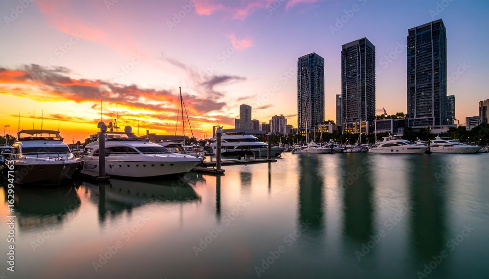 Obraz premium Miami Marina at Sunset: Yachts Reflecting the Colorful Sky and City Skyline