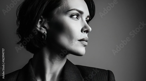 Confident business woman in a tailored suit, professionally portraited under minimal high-contrast lighting, with sharp facial features and cinematic chiaroscuro effects.